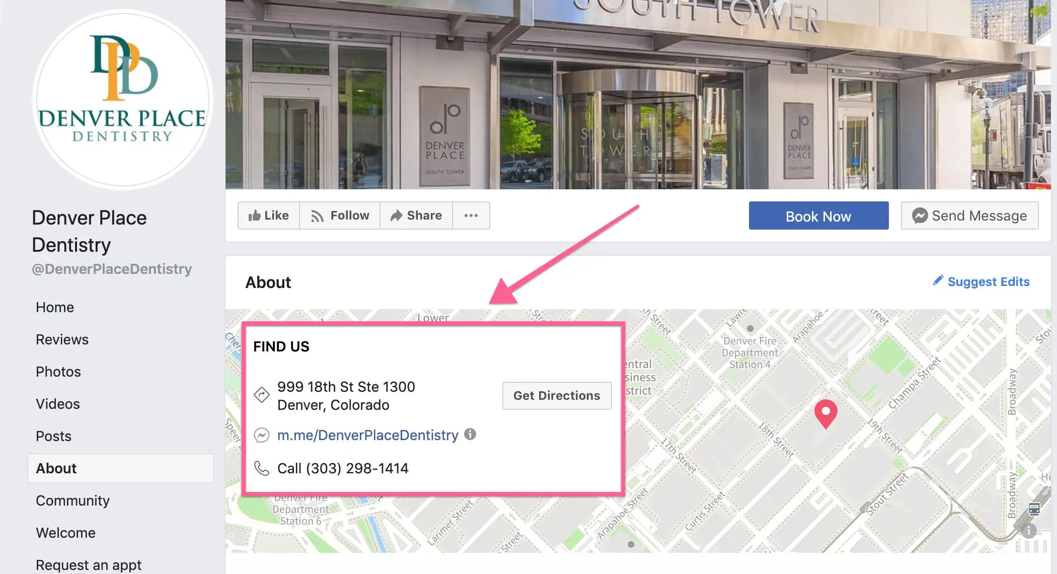 An example of structured location data on a Facebook Business Page.