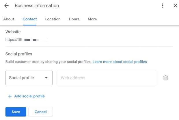 The social profiles section of Google My Business