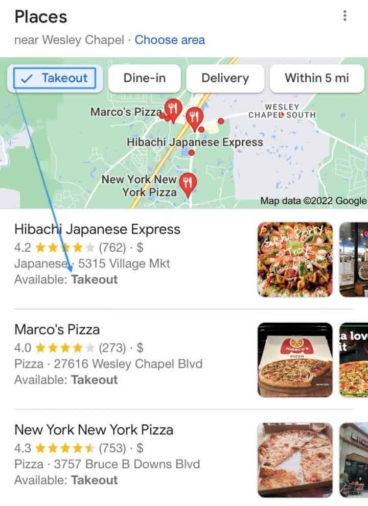 An example of how dining attributes show in relevant searches for restaurants