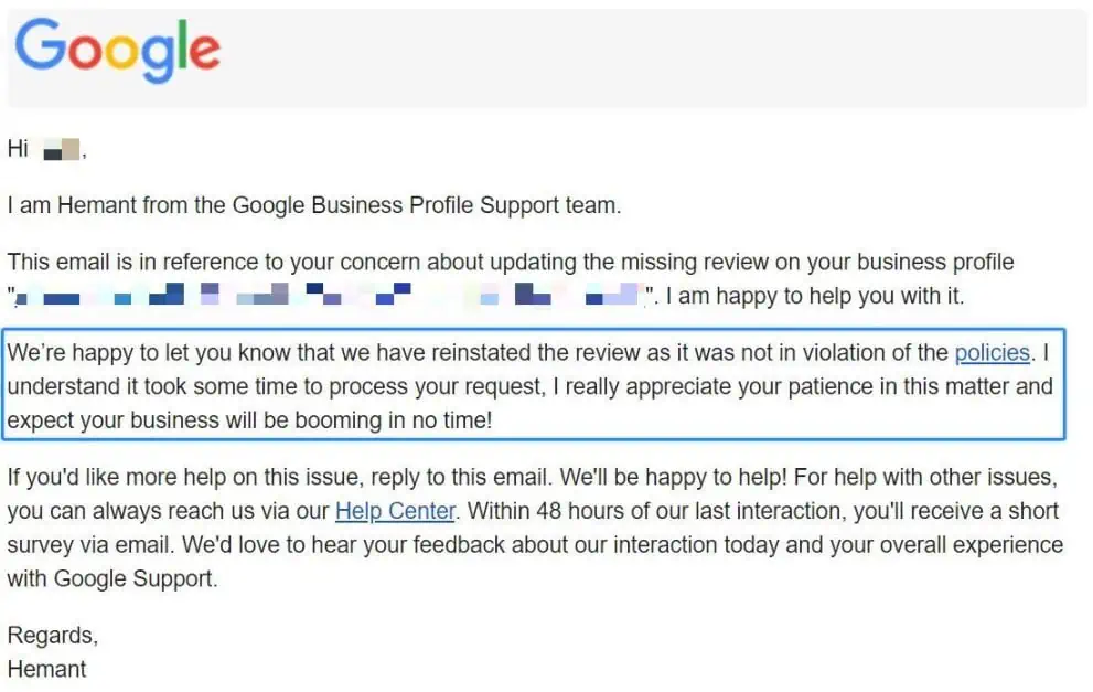 Successful Google reviews support ticket